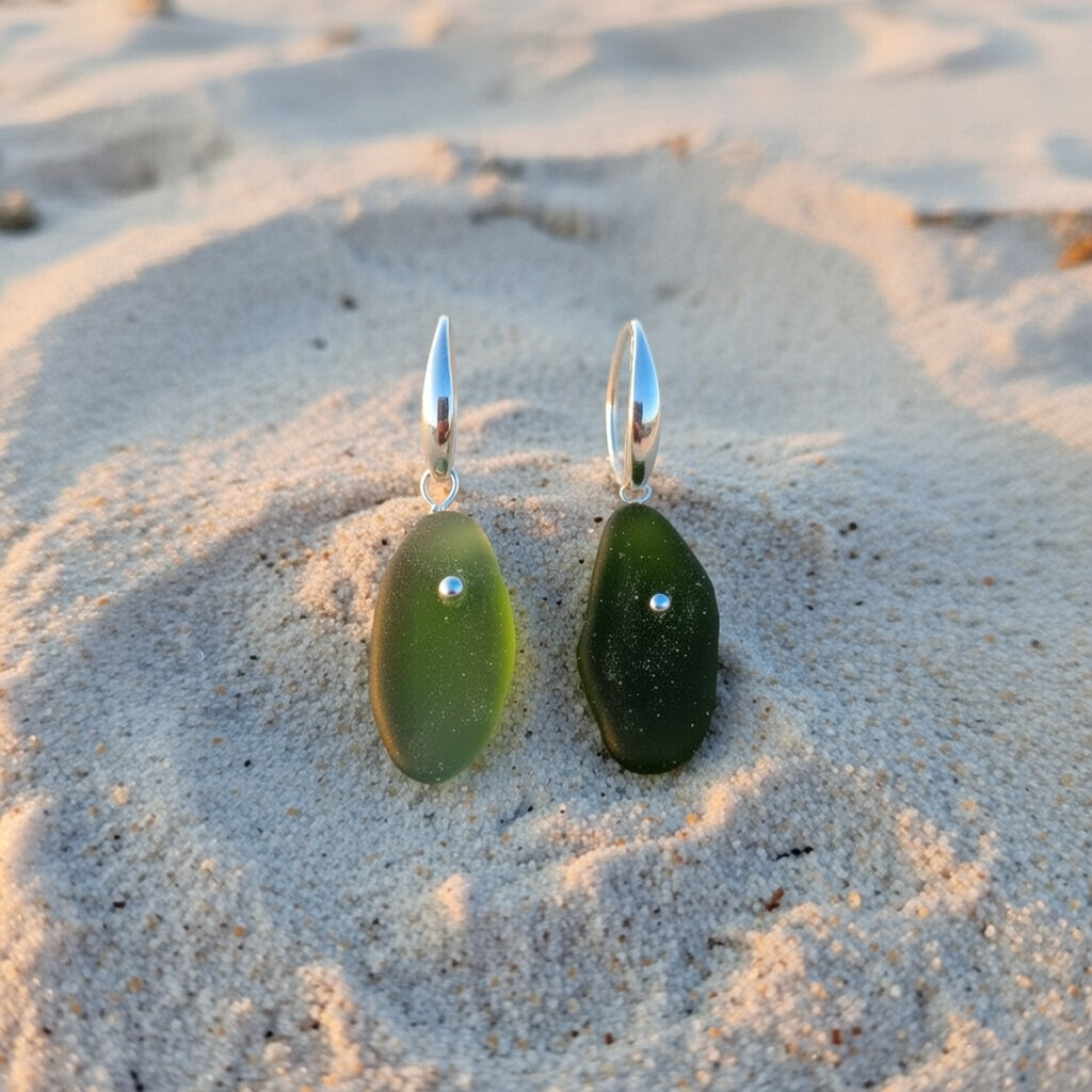 Sea Glass Earrings - Beer Green Silver