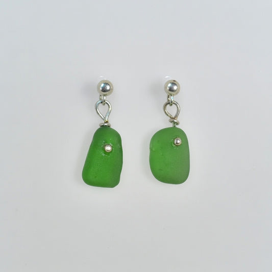 Sea Glass Earrings - Beer Green Silver