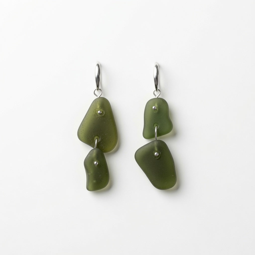 Sea Glass Earrings - Beer Green Silver