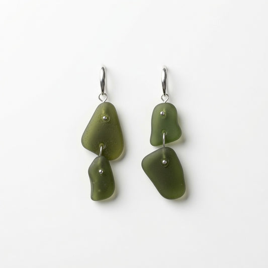 Sea Glass Earrings - Beer Green Silver