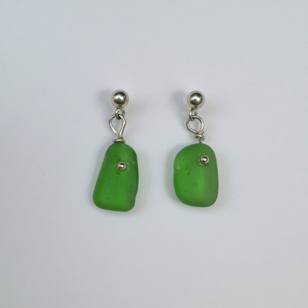 Sea Glass Earrings - Beer Green Silver